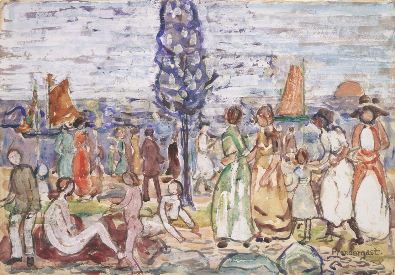 Plaża z niebieskim drzewem autorstwa Maurice Brazil Prendergast