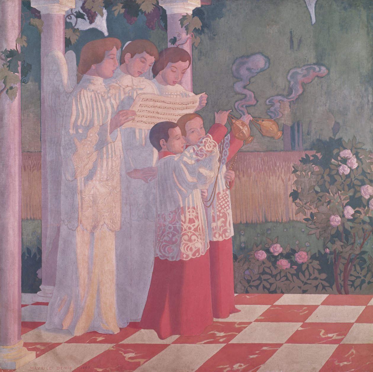 Podwyższenie Krzyża Świętego i Gloryfikacja Mszy, lewa strona środkowego panelu ołtarza z Chapelle du College Sainte-Croix du Vesinet, 1899 autorstwa Maurice Denis