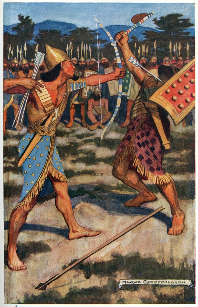 Senuhet zabija wojownika Tonu, ilustracja z „Egyptian Myth and Legend”, opublikowanej przez Gresham Publishing, Co. autorstwa Maurice Greiffenhagen
