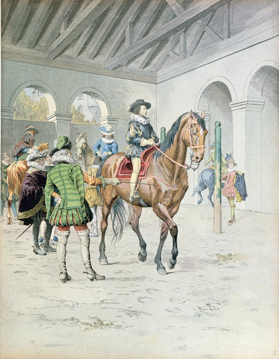 Armand-Jean du Plessis, kardynał Richelieu (1585-1642) uczący się jeździć konno, ilustracja z życia Richelieu autorstwa Theodore Camu, 1910 autorstwa Maurice Leloir