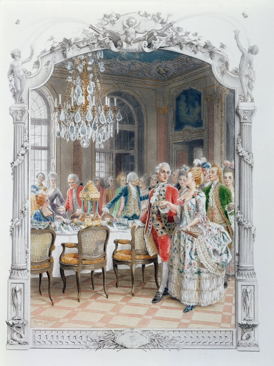 Elegancki posiłek w XVIII wieku, ilustracja z „Une femme de qualite au siecle passe”, ok. 1885 autorstwa Maurice Leloir