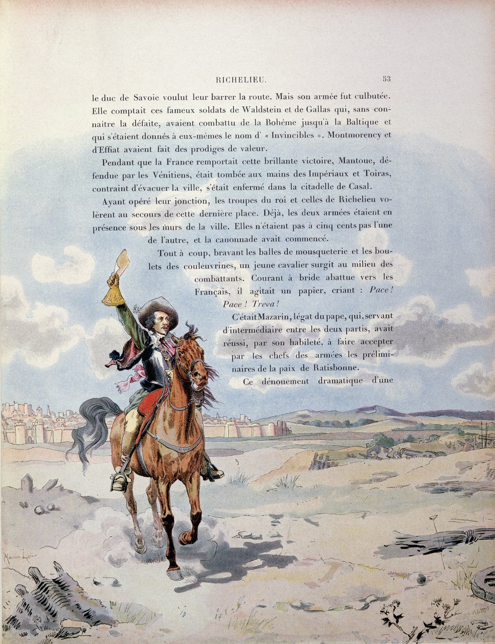 Moment interwencji legata papieskiego, Giulio Mazarini (1602-61) pomiędzy wojskami hiszpańskimi i papieskimi w konfrontacji z armią francuską podczas oblężenia Casal, północne Włochy, ilustracja z życia autorstwa Maurice Leloir