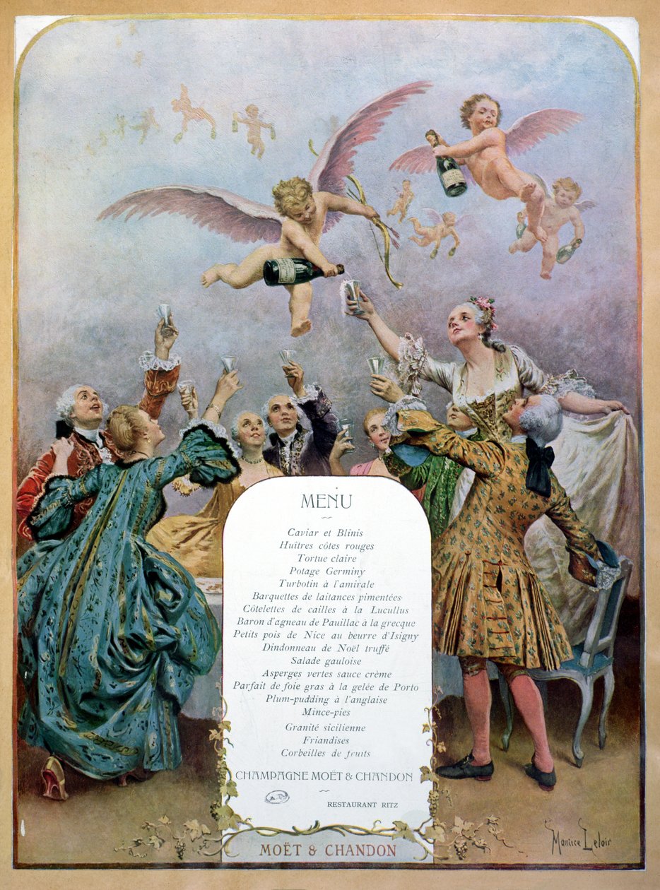 Menu restauracji Ritz, przedstawiające grupę eleganckich XVIII-wiecznych mężczyzn i kobiet pijących szampana serwowanego przez cherubiny, 1910 autorstwa Maurice Leloir
