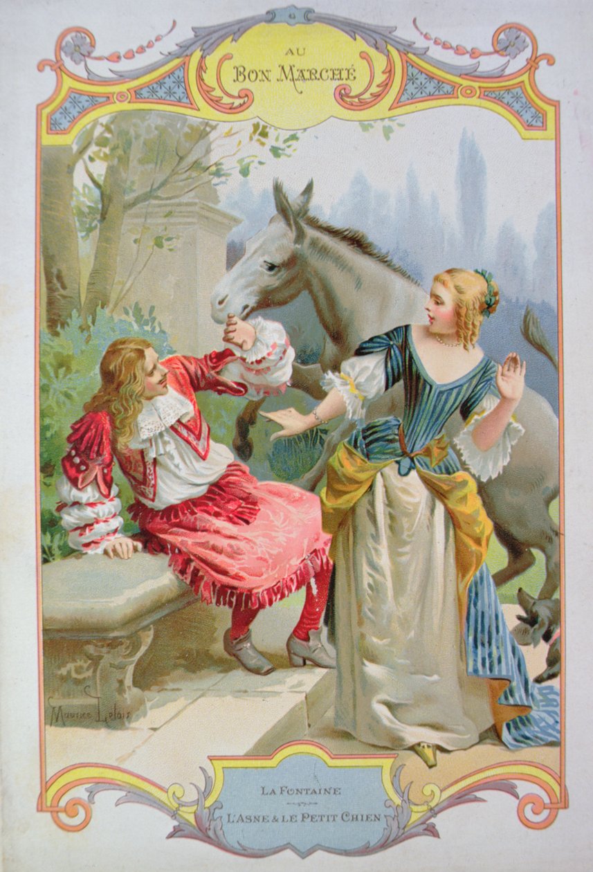 Osioł i piesek z Bajek Jeana de La Fontaine (1621-95), reklama domu towarowego Au Bon Marche autorstwa Maurice Leloir