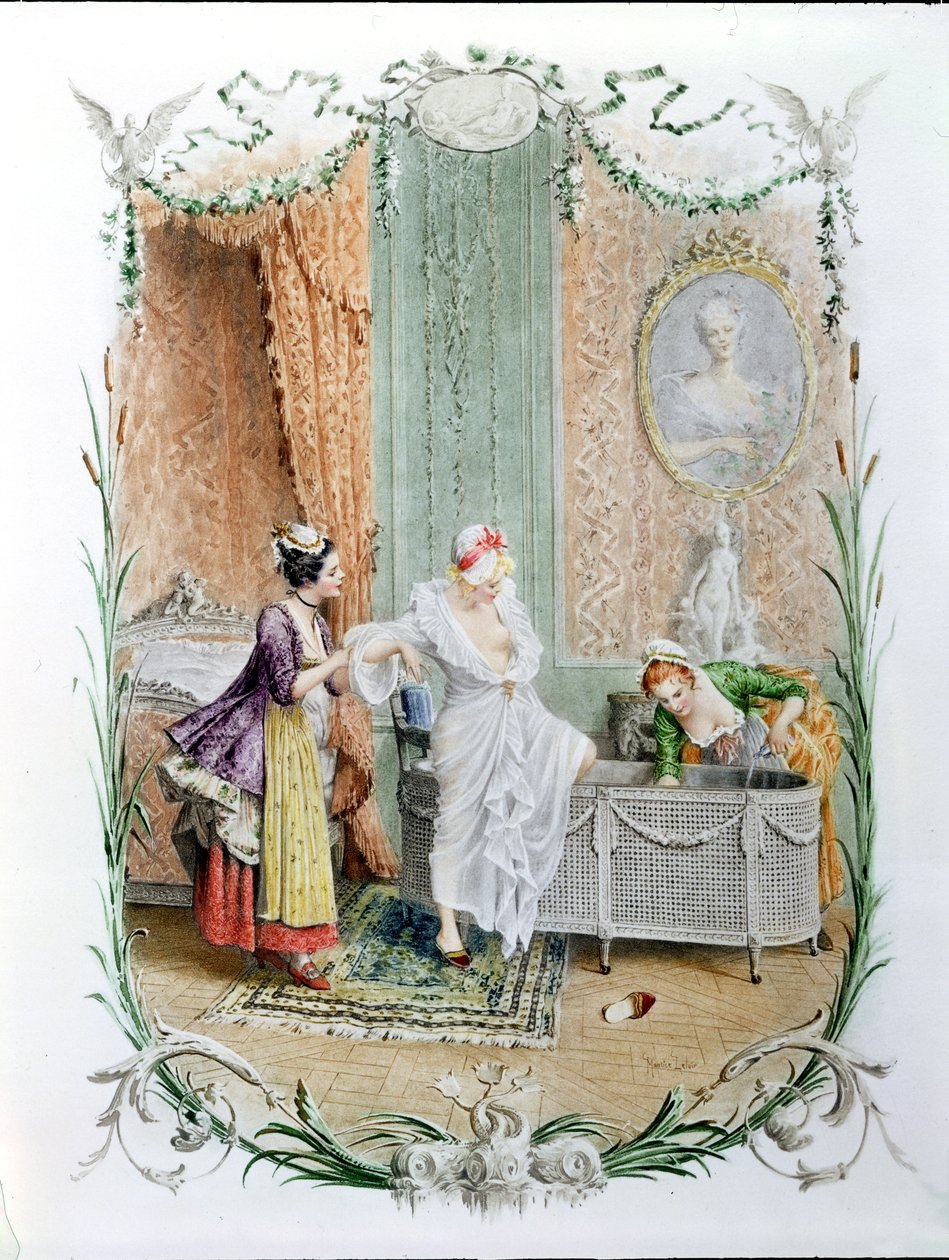 Poranna Łaźnia, ilustracja eleganckiego życia paryskiego w drugiej połowie XVIII wieku, ok. 1890 r. autorstwa Maurice Leloir