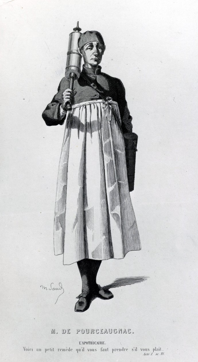 Aptekarz ma strzykawkę dla Monsieur de Pourceaugnac, zaczerpniętą z „Oeuvres completes de Moliere”, 1669 autorstwa Maurice Sand