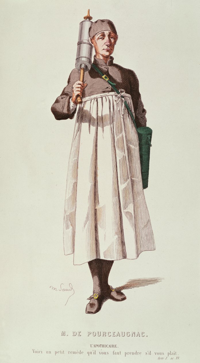 Aptekarz jest dostarczany ze strzykawką dla Monsieur de Pourceaugnac, z „Oeuvres Completes de Moliere, 1669 (kolorowy grawerunek) autorstwa Maurice Sand