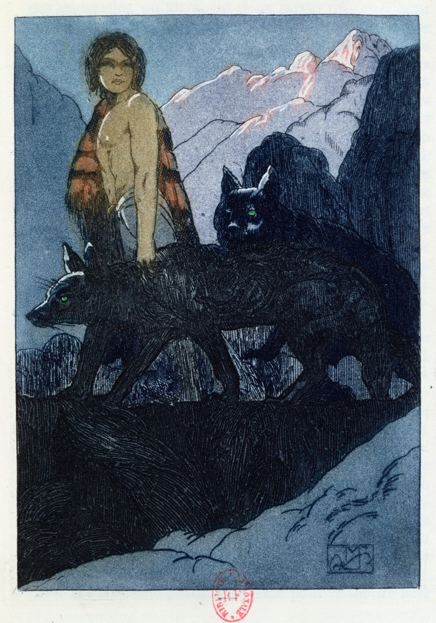 Mowgli i wilki, ilustracja z „Księgi dżungli” Rudyarda Kiplinga (1865-1936) wydanej w Paryżu, 1930 autorstwa Maurice de Becque