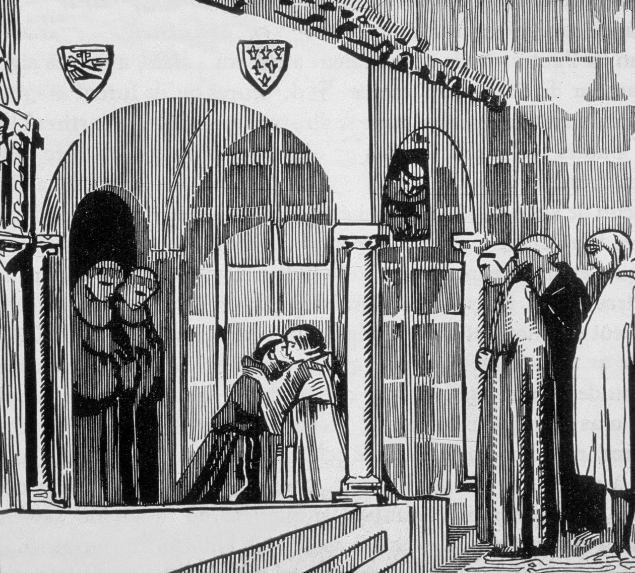 Francuski król Saint Louis (Louis IX 1214-1270) jako pielgrzym odwiedzający Saint Frere Gilles w Perugii, grawerowany przez Jacquesa Beltranda na podstawie rysunku Maurice