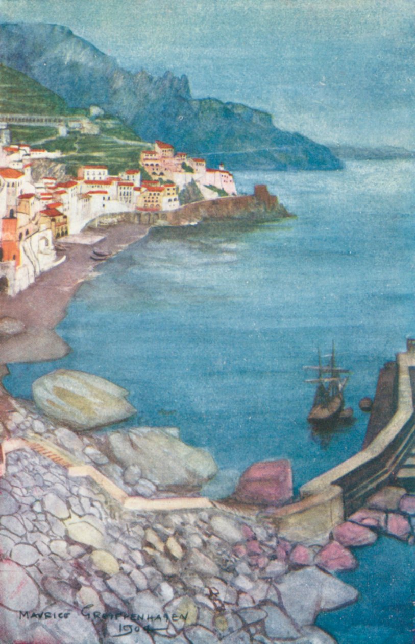 Wieczór w Amalfi (kolorowa litografia) autorstwa Maurice (after) Greiffenhagen