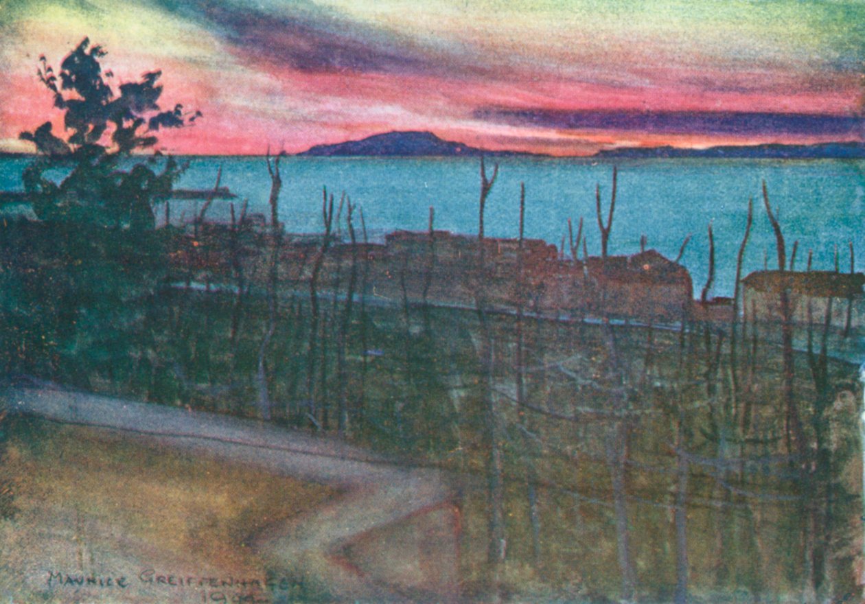 Ischia z Castellamare, zachód słońca (kolorowa litografia) autorstwa Maurice (after) Greiffenhagen