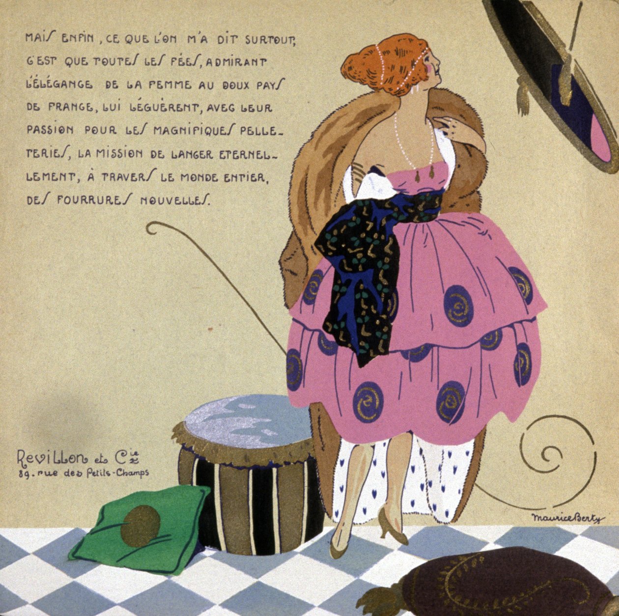 Kobieta przed lustrem, reklama futer Revillon, ok. 1920-1930 (ilustracja) autorstwa Maurice Berty