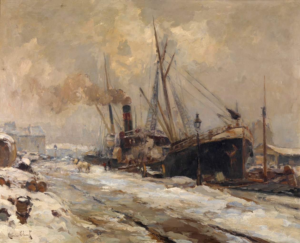 Port w Antwerpii zimą (olej na płótnie) autorstwa Maurice Blieck
