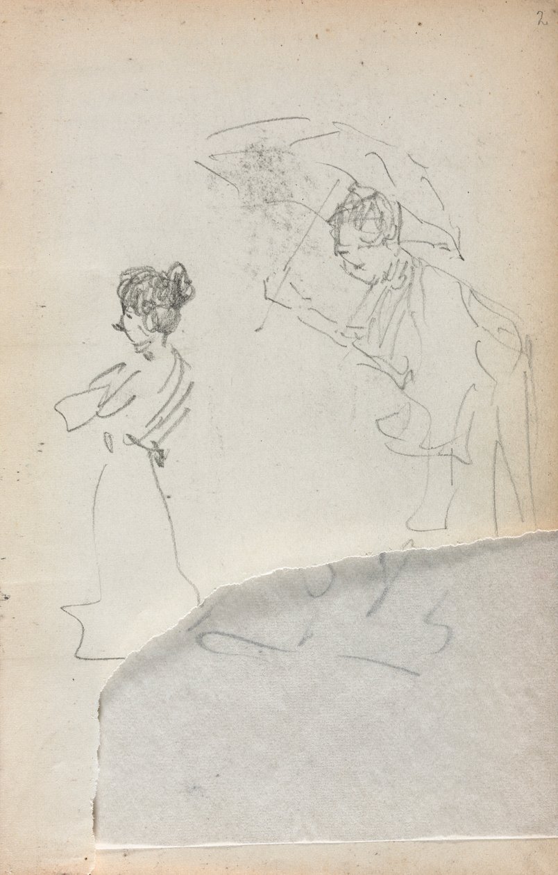 Włoski szkicownik: Stojąca kobieta z profilu i Mężczyzna z parasolem, strona 2, 1898-1899. autorstwa Maurice Brazil Prendergast