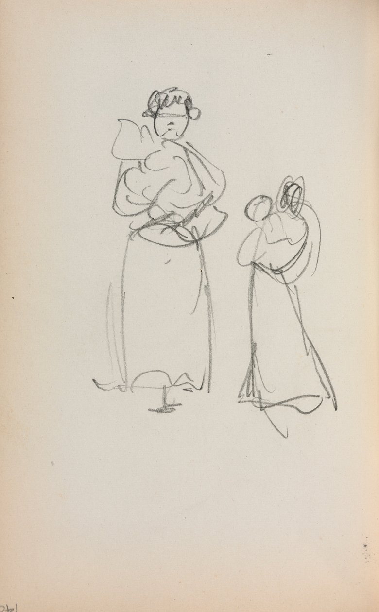 Szkicownik włoski: Dwie stojące kobiety trzymające niemowlęta strona 140, 1898-1899. autorstwa Maurice Brazil Prendergast