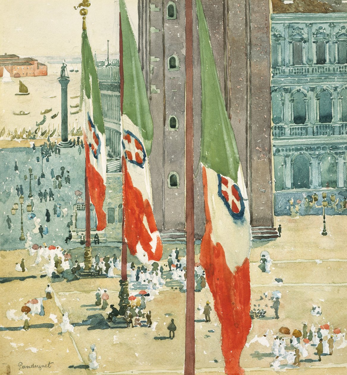 Piazza di San Marco, ok. 1898–99 (wc i grafit na papierze tkanym w kolorze złamanej bieli) autorstwa Maurice Brazil Prendergast