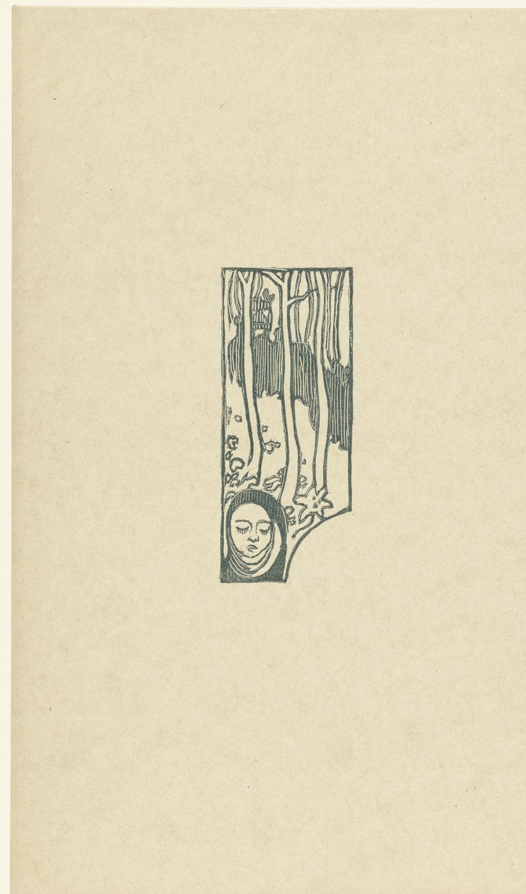 Ilustracja z głową kobiety z zamkniętymi oczami i drzewami z wierszem w zbiorze wierszy Sagesse autorstwa Paula Verlaine Petit bois pour Sagesse L