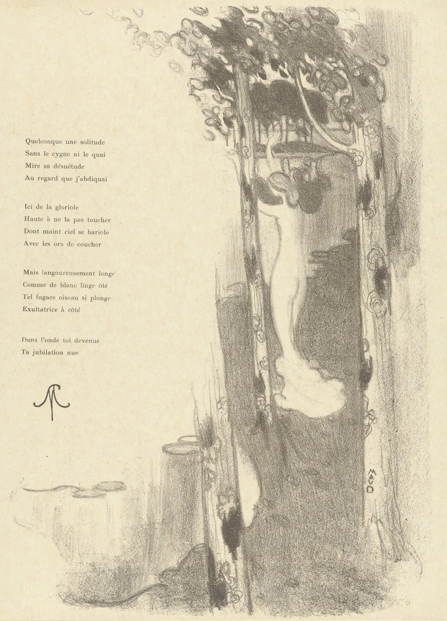 Ilustracja ze stojącą nagą kobietą między drzewami nad jeziorem z wierszem Petit Air Stéphane Mallarmé Ilustracja pour le sonnet Petit Air de Stéphane Mallarmé L