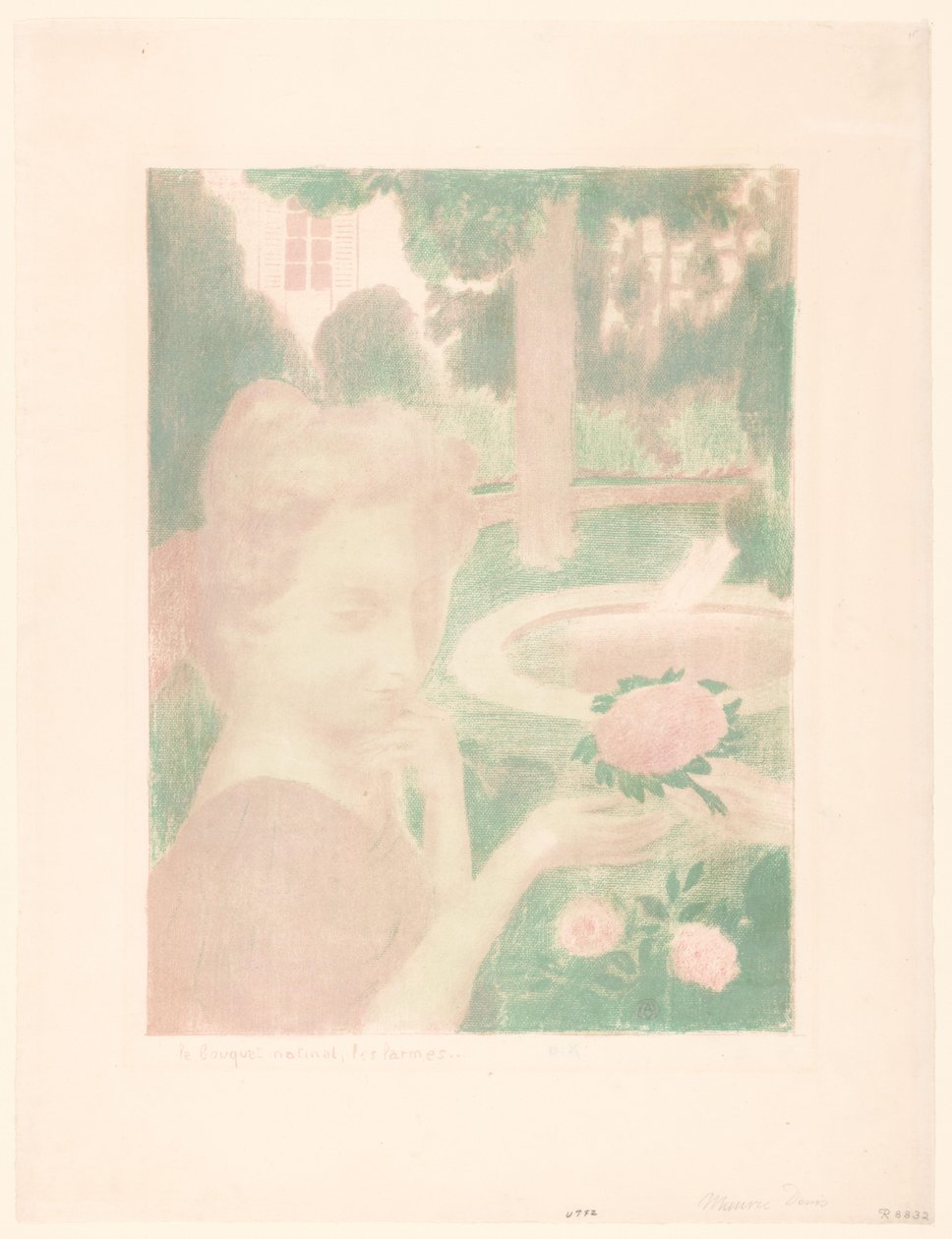 Młoda kobieta otrzymuje bukiet kwiatów w ogrodzie Le bouquet matinal, les larmes... (tytuł na obiekcie) Reprezentacje miłości (tytuł serii) Amour (tytuł serii) autorstwa Maurice Denis