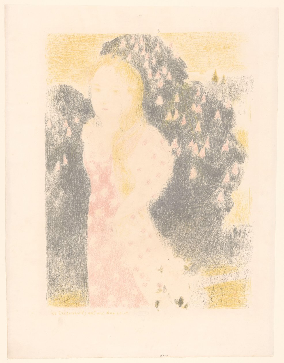 Dziewczyna przed kwitnącym krzewem Les crépuscules ont une douceur (tytuł na przedmiocie) Reprezentacje miłości (tytuł serii) Amour (tytuł serii) autorstwa Maurice Denis