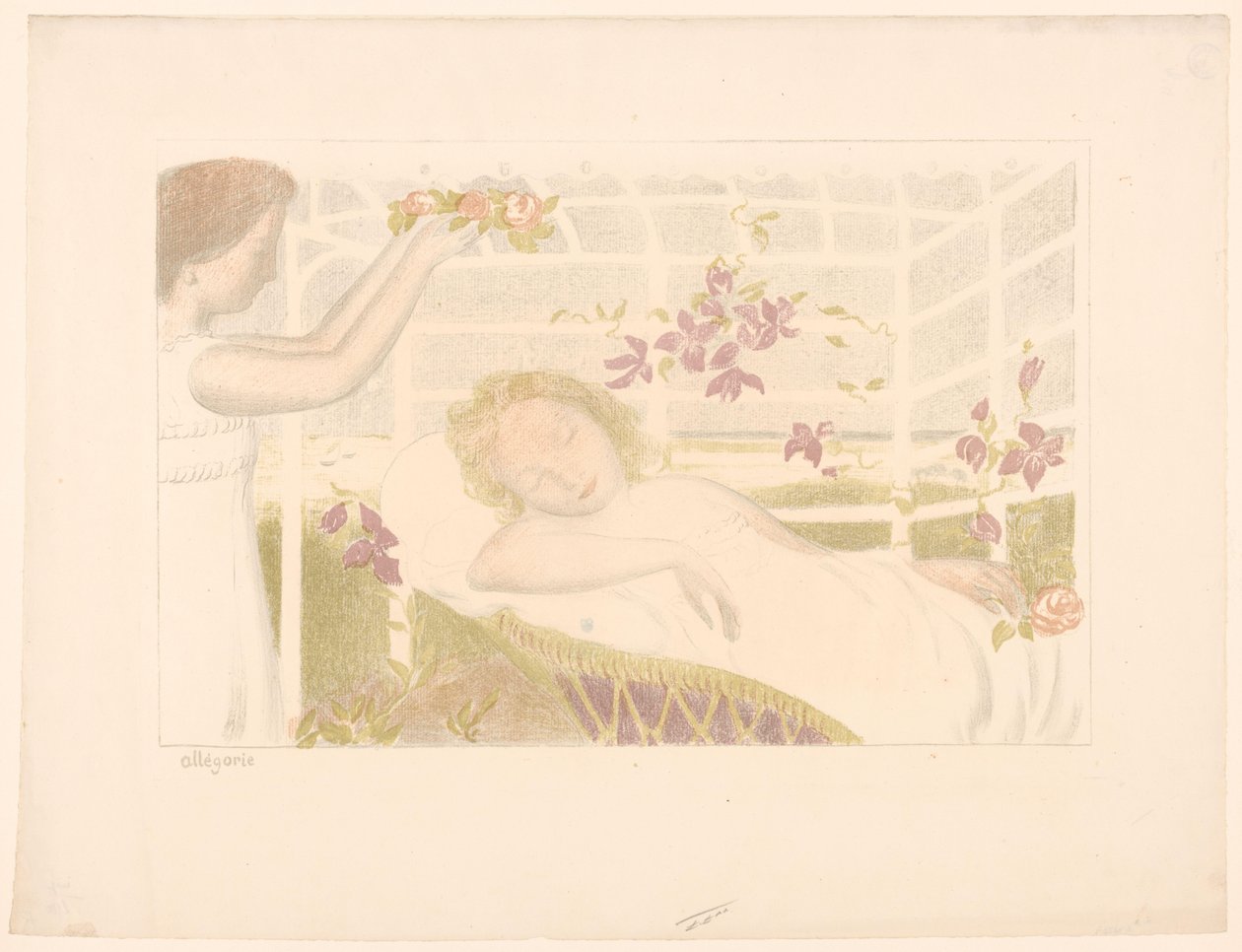 Śpiąca dziewczyna dostaje wianek z kwiatów Alegoria (tytuł na obiekcie) Reprezentacje miłości (tytuł serii) Amour (tytuł serii) autorstwa Maurice Denis