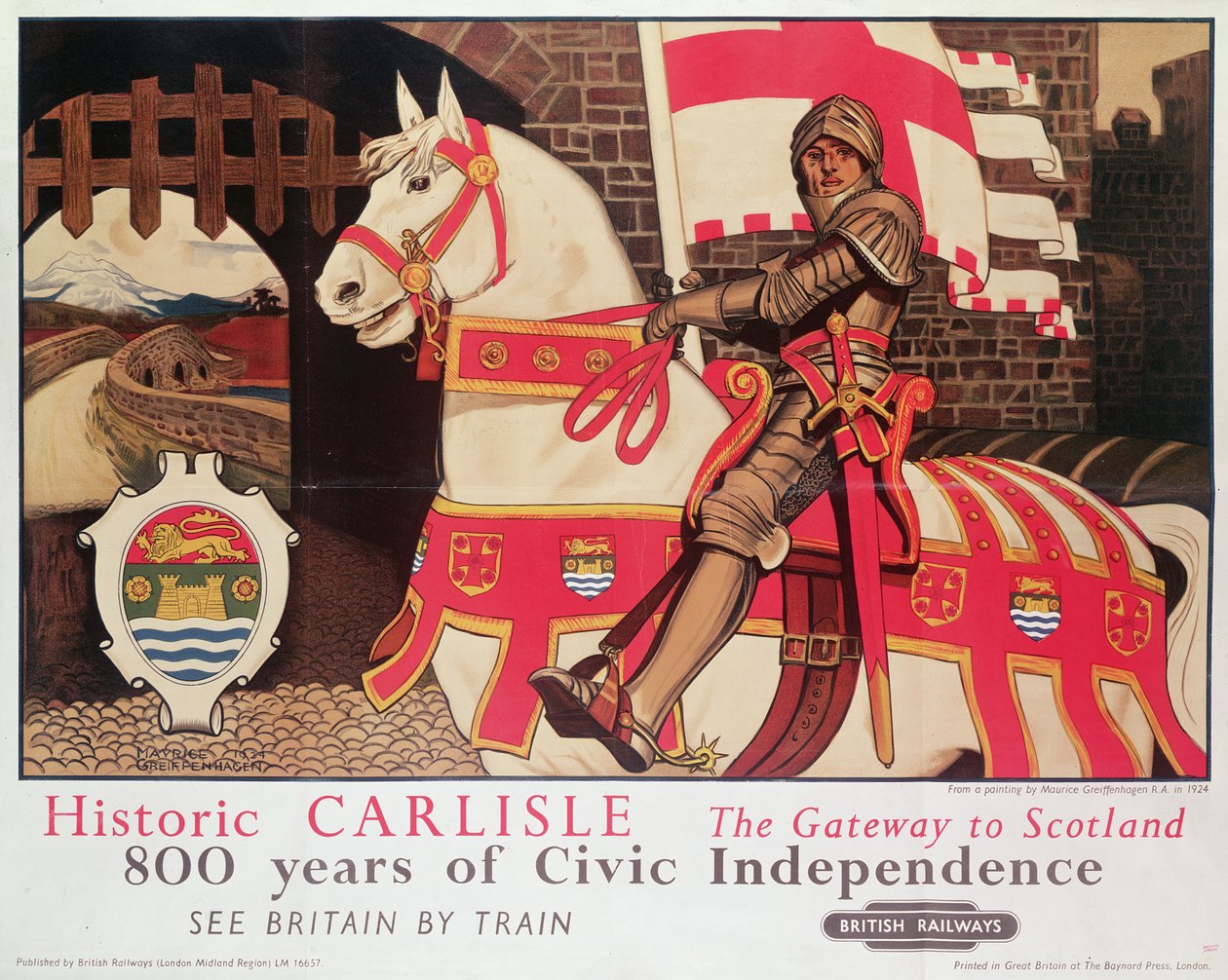 Plakat British Rail reklamujący "Historic Carlisle, Gateway to Scotland", 1924 r. autorstwa Maurice Greiffenhagen