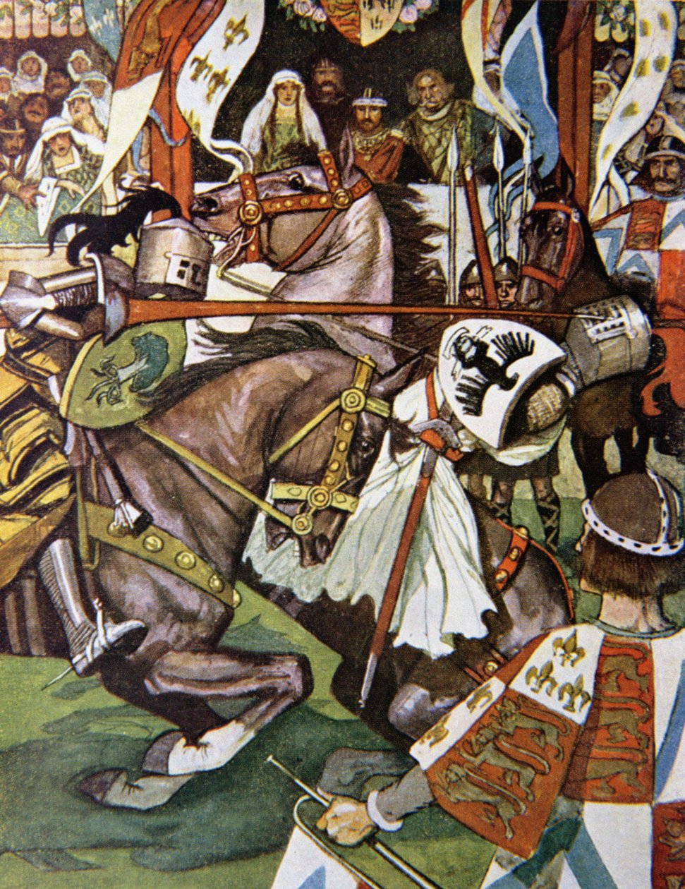 „Sprawiedliwy i prawdziwy uderzył Normana w przyłbicę”, ilustracja z „Ivanhoe dla chłopców i dziewcząt”, powtórzona przez Alice Jackson, wyd. 1924 autorstwa Maurice Greiffenhagen