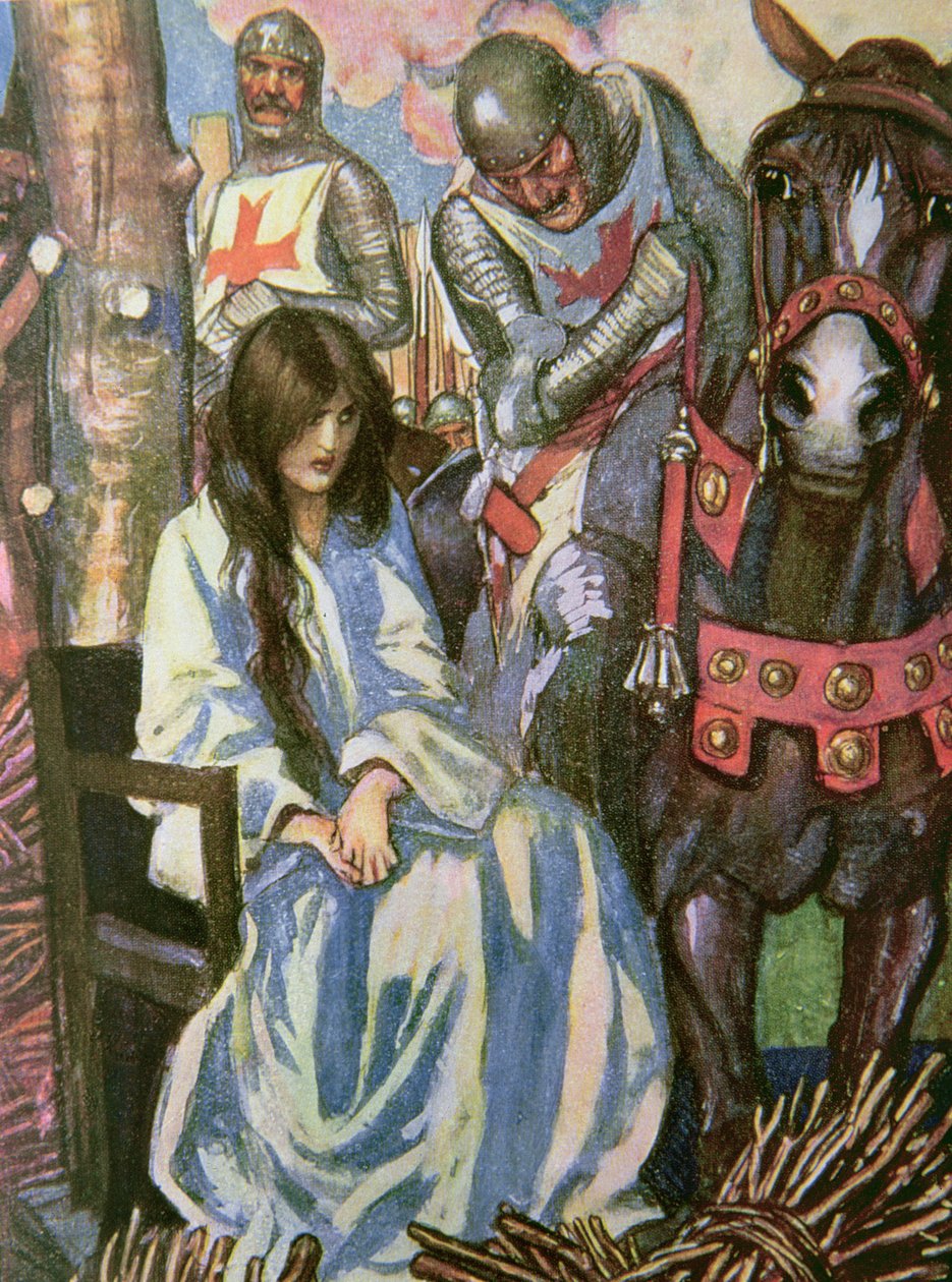 Zasiądź za mną na moim rumaku - dzielny koń, który nigdy nie zawiódł swojego jeźdźca, ilustracja z „Ivanhoe dla chłopców i dziewcząt”, powtórzona przez Alice Jackson, pub. 1924 autorstwa Maurice Greiffenhagen