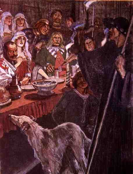 „Od drugiej do niczego” powiedział pielgrzym, który stał blisko, by słuchać”, ilustracja z „Ivanhoe dla chłopców i dziewcząt”, powtórzona przez Alice Jackson, wyd. 1924 (lito) autorstwa Maurice Greiffenhagen