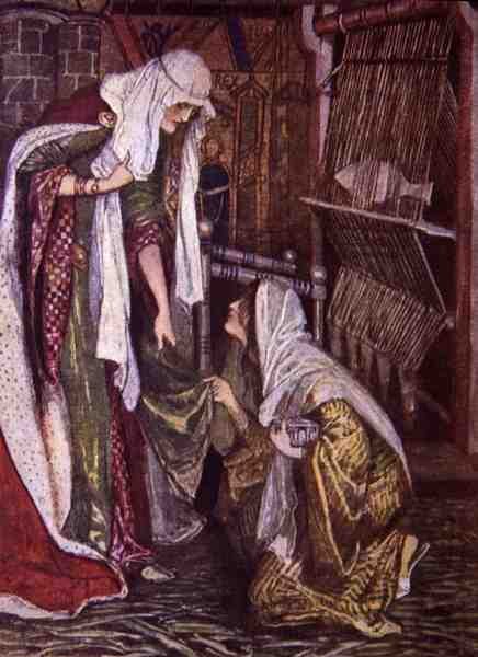 „Ku niespodziance pani z Ivanhoe, jej uczciwy gość uklęknął na jedno kolano”, ilustracja z „Ivanhoe dla chłopców i dziewcząt”, powtórzona przez Alice Jackson, wyd. 1924 (lito) autorstwa Maurice Greiffenhagen