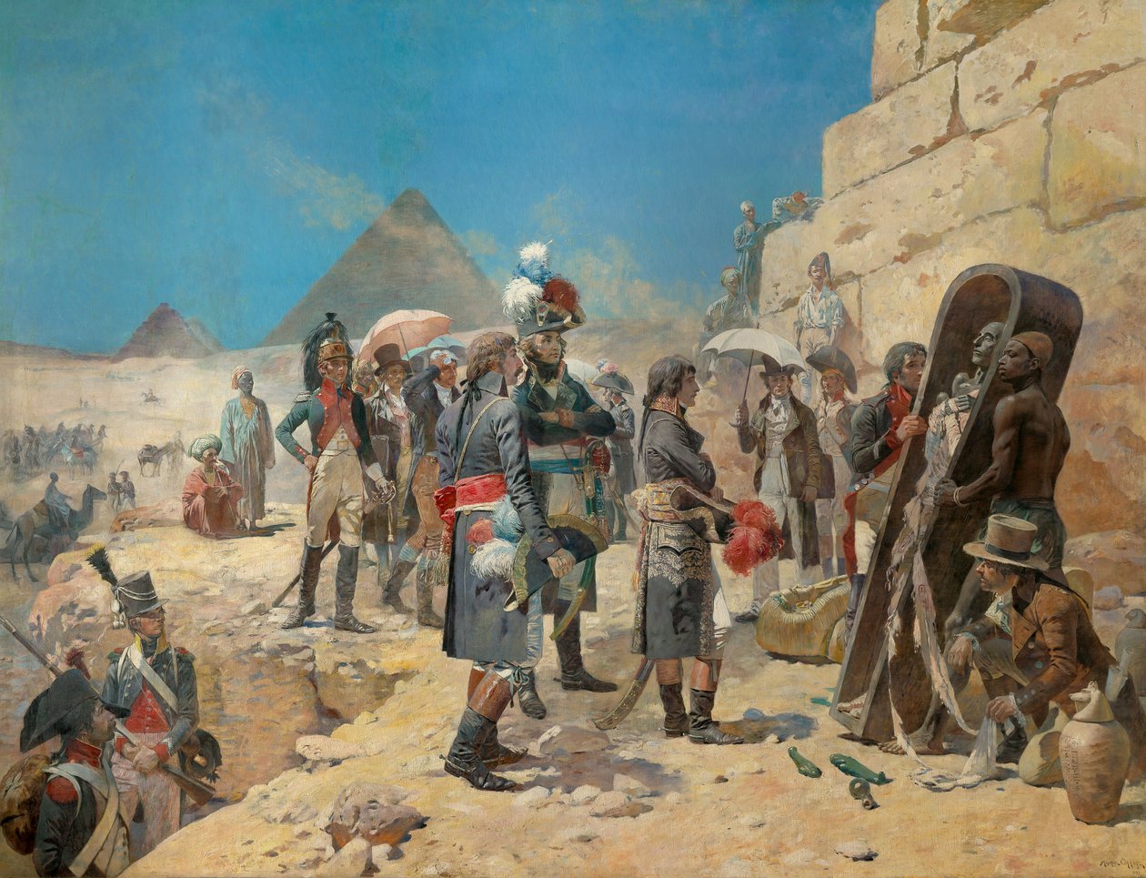 Napoleon Bonaparte przed piramidami kontemplujący mumię króla na wsi Egiptu autorstwa Maurice Henri Orange