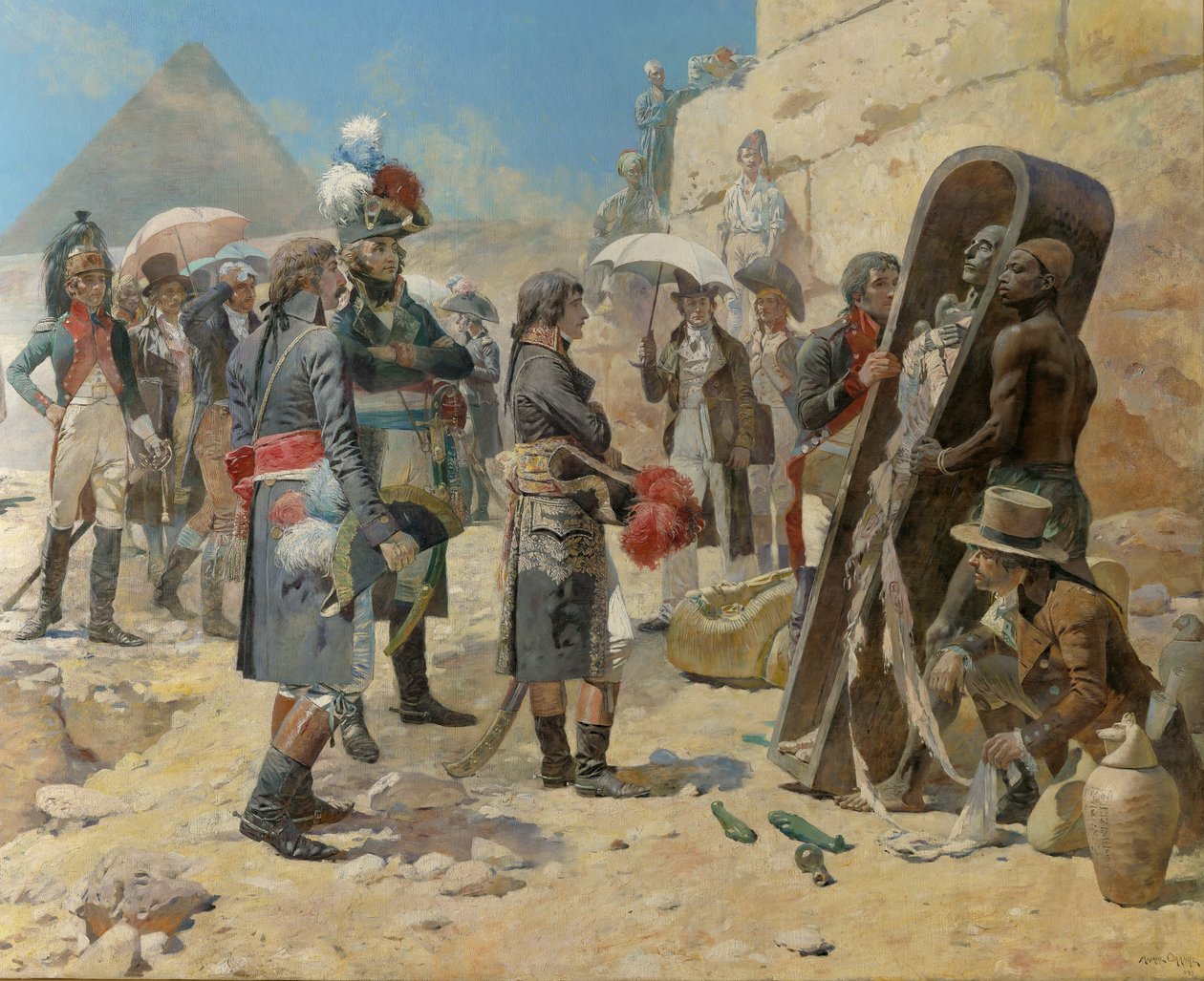 Napoleon Bonaparte przed piramidami kontemplujący mumię króla na wsi Egiptu autorstwa Maurice Henri Orange