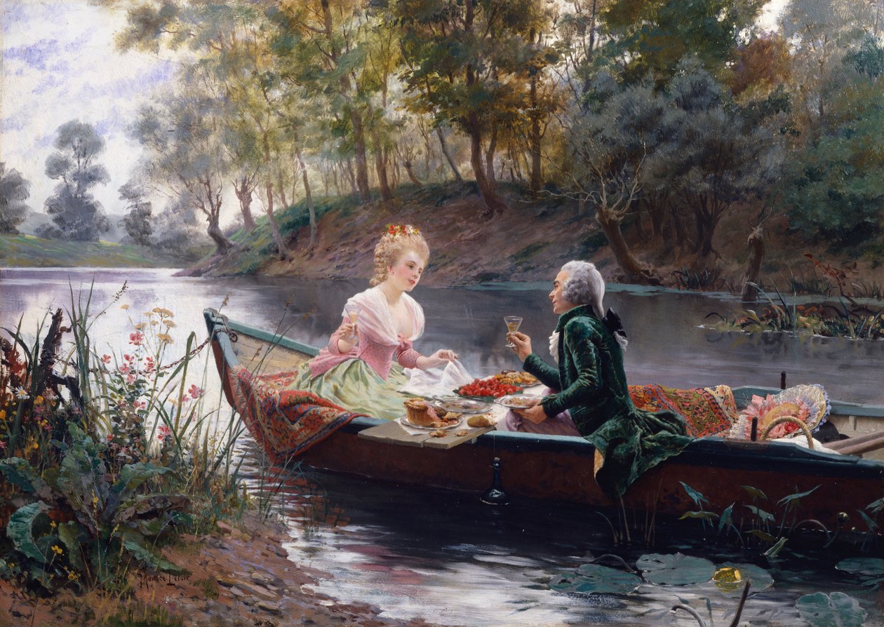 Romantyczny lunch (olej na panelu) autorstwa Maurice Leloir