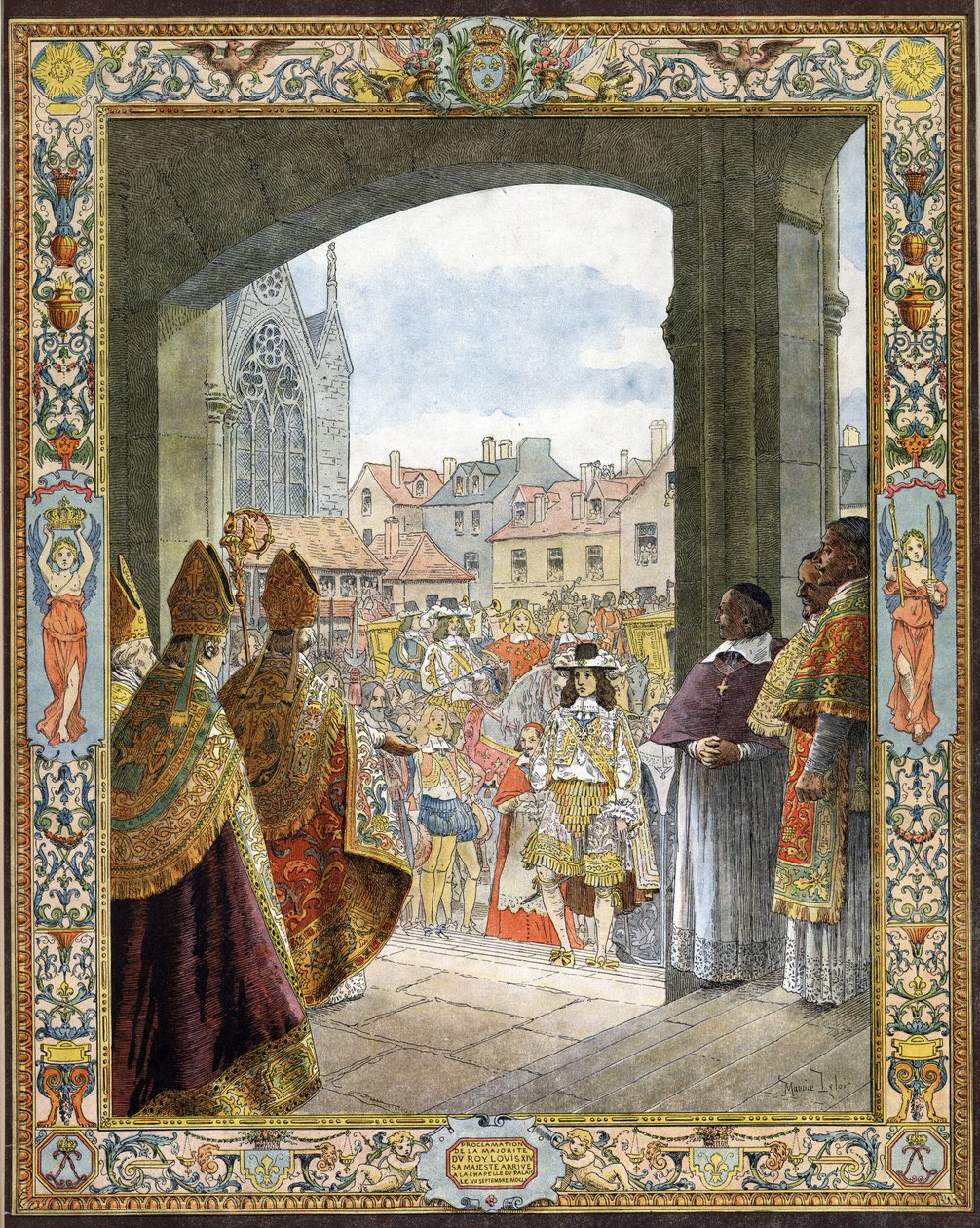 Przybył do Sainte-Chapelle (Sainte Chapelle) na proklamację jego większości króla Francji Ludwika XIV znanego jako Le Roi-Soleil (Król Soleil lub Ludwik Wielki autorstwa Maurice Leloir