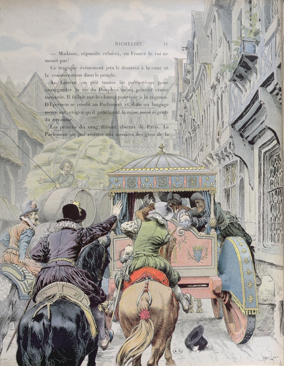 Zabójstwo Henryka IV przez Francois Ravaillaca na rue de la Ferronerie 14 maja 1610, ok. 1900 autorstwa Maurice Leloir