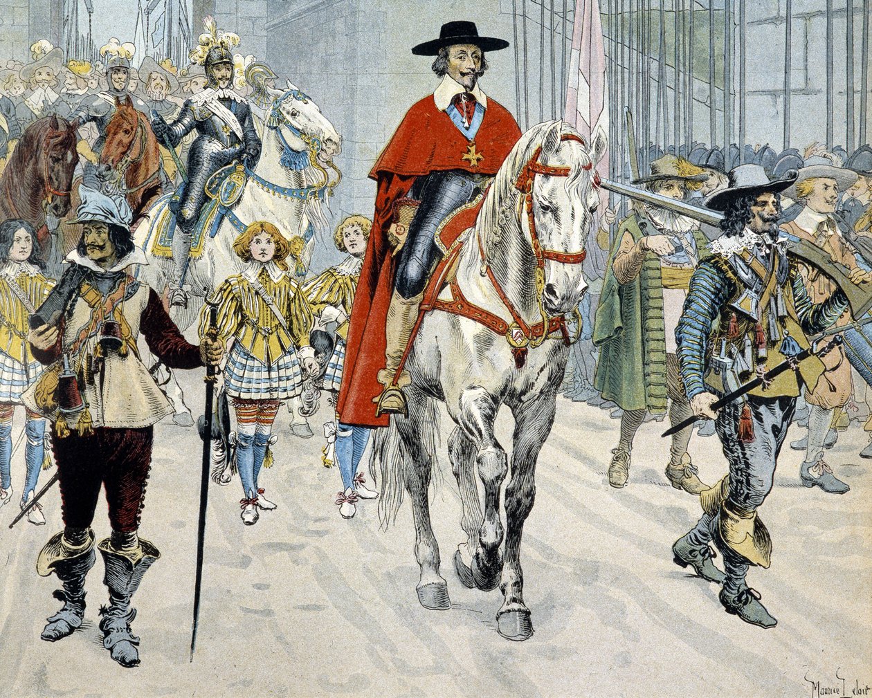 Kardynał Richelieu jadący ulicami Paryża autorstwa Maurice Leloir