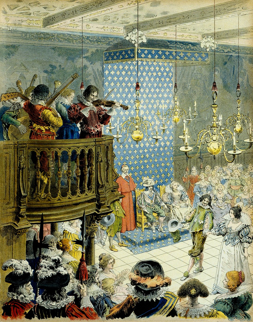 Historia Francji: Bal na dworze króla Ludwika XIII (1601-1643) z królową Marią de Medicis (1575-1642) i kardynałem Richelieu (Armand Jean du Plessis autorstwa Maurice Leloir