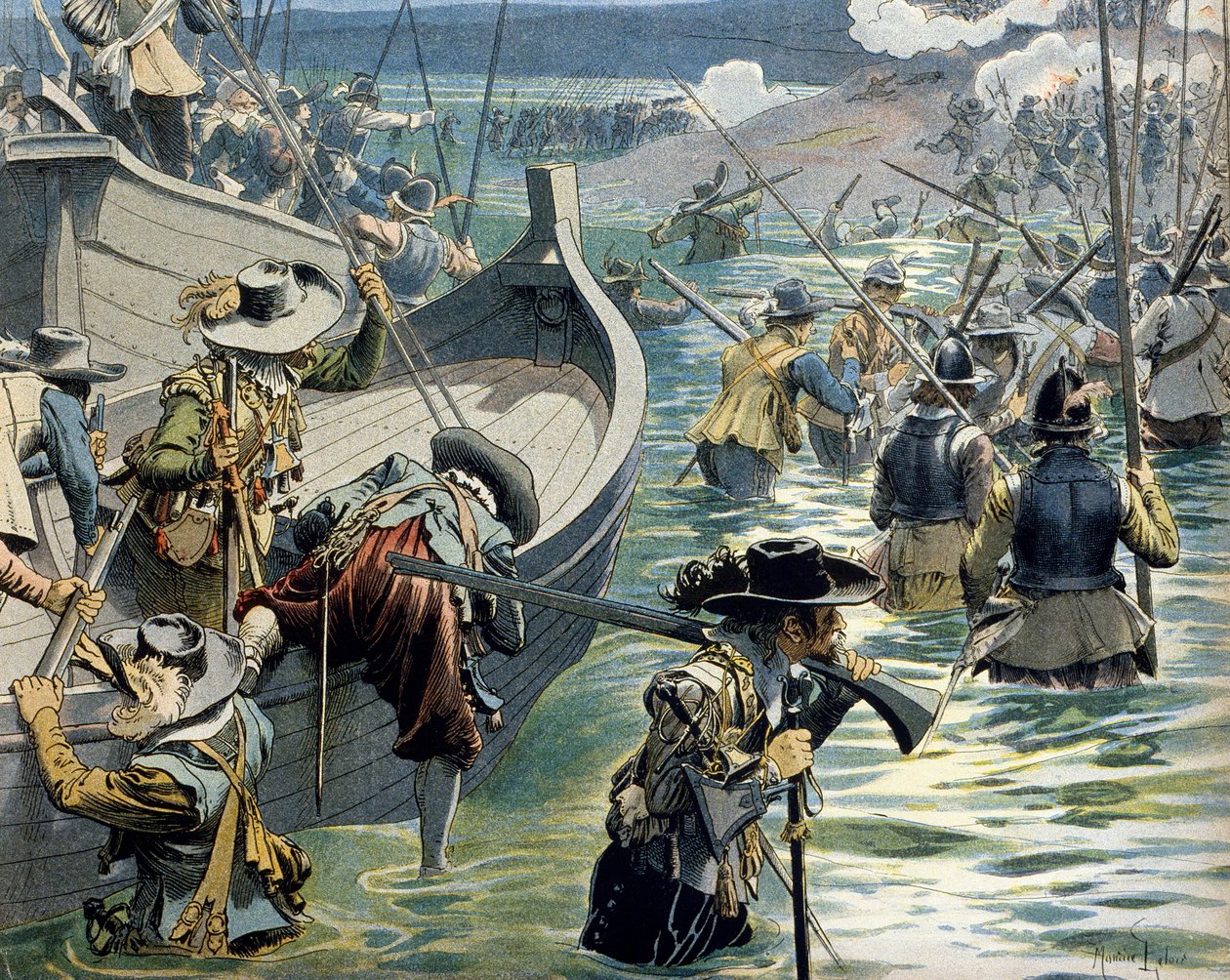 Historia Francji: Pomoc wysłana obrońcom wyspy Re przez kardynała Richelieu (Armand Jean du Plessis autorstwa Maurice Leloir