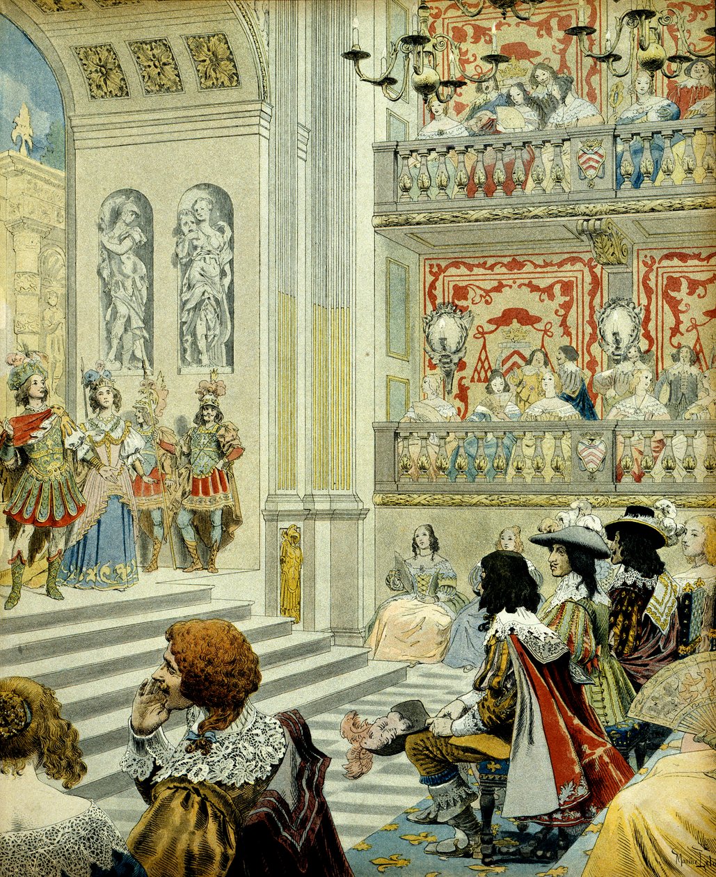 Historia Francji: Reprezentacja w teatrze pałacu kardynała (obecnie pałacu królewskiego) utworu „Mirame”, heroicznej komedii napisanej w 1641 r. przez kardynała Richelieu (Armand Jean du Plessis autorstwa Maurice Leloir