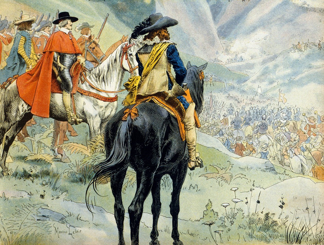 Historia Francji: Wojna o sukcesję Mantui (1628-1631) podczas wojny trzydziestoletniej. Bitwa pod Pas de Suze (Susa) reprezentująca króla Ludwika XIII (1601-1643) i kardynała Richelieu (Armand Jean du Plessis autorstwa Maurice Leloir