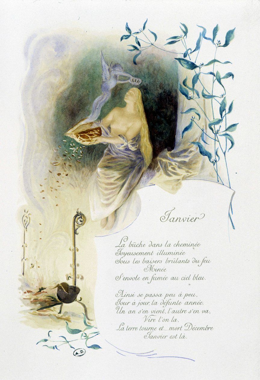 Styczeń „”Pieśń miesiąca”” Jérôme Doucet, ilustracja - Maurice Leloir, ed. Reims 1904. L. Michaud autorstwa Maurice Leloir