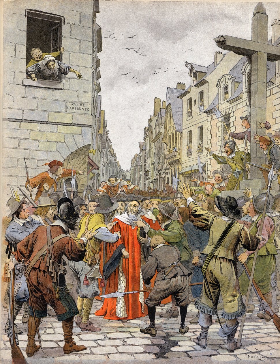 La Fronde: Journees des Barricades (sierpień 1648): Pod krzyżem Trahoir (na rogu ulic Saint Honore (Saint-Honore) i Dry Arbre w Paryżu) tłum żąda, aby Mathieu Mole (1584-1656), pierwszy przewodniczący parlamentu, przejdź do Palais R autorstwa Maurice Leloir