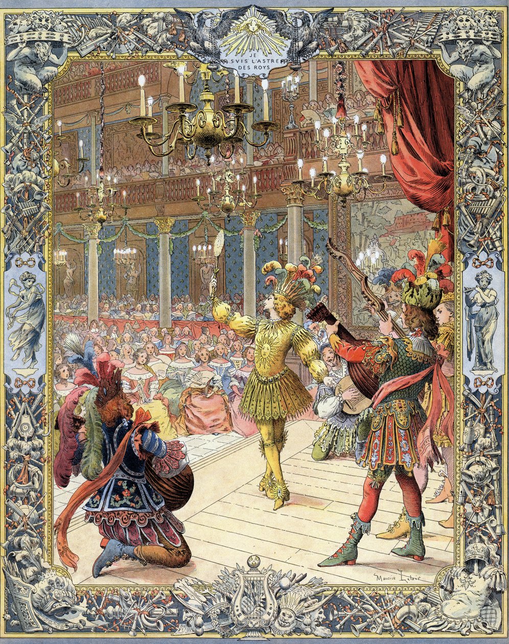 Ludwik XIV, uczestnik „Ballet de la Nuit”, libretta Izaaka de Benserade (1612-1691), w słonecznym garniturze w wielkiej sali Little-Burbon (Petite Bourbon) w Paryżu, 23 lutego autorstwa Maurice Leloir