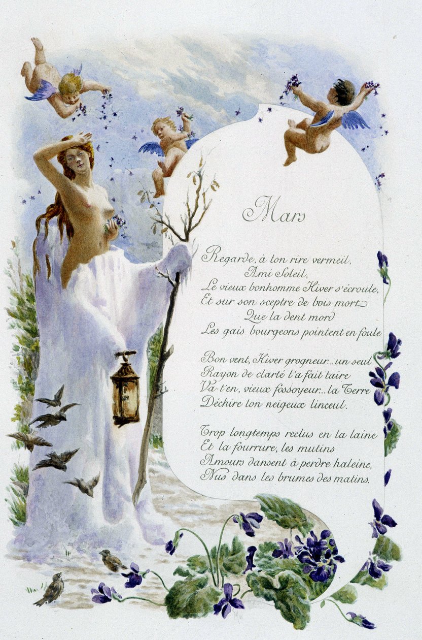 Marzec „”Pieśń miesiąca”” Jérôme Doucet, ilustracja - Maurice Leloir, ed. Reims 1904. L. Michaud autorstwa Maurice Leloir