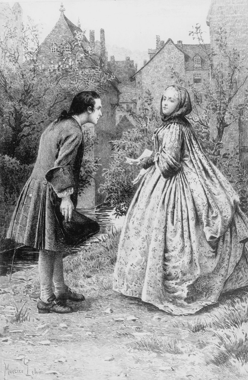 Spotkanie młodego Jeana-Jacquesa Rousseau i przyszłej bliskiej przyjaciółki Madame de Warens, 21 marca 1728 (rycina) autorstwa Maurice Leloir