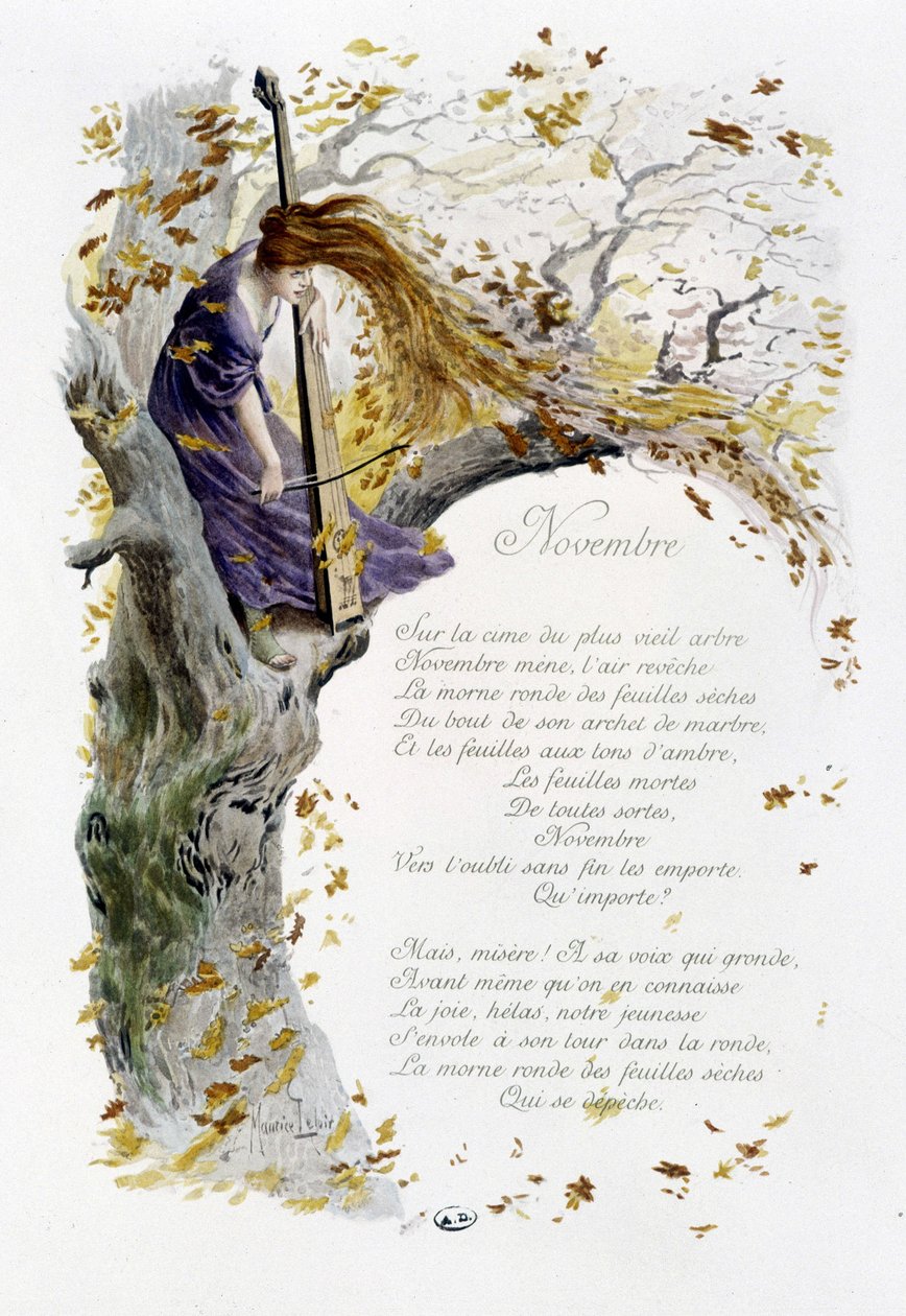 Listopad „”Pieśń miesiąca”” Jérôme Doucet, ilustracja - Maurice Leloir, ed. Reims 1904. L. Michaud autorstwa Maurice Leloir