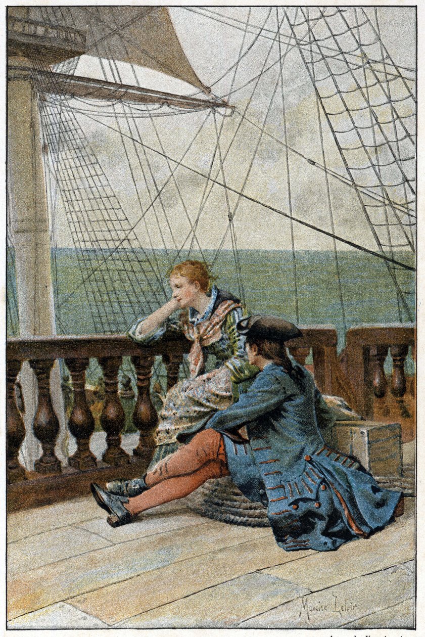 Na statku „Historia Manon Lescaut i kawalera Des Grieux” Abbe Prevosta (1697-1763), francuskiego pisarza. Grawerowanie według rysunków Maurice