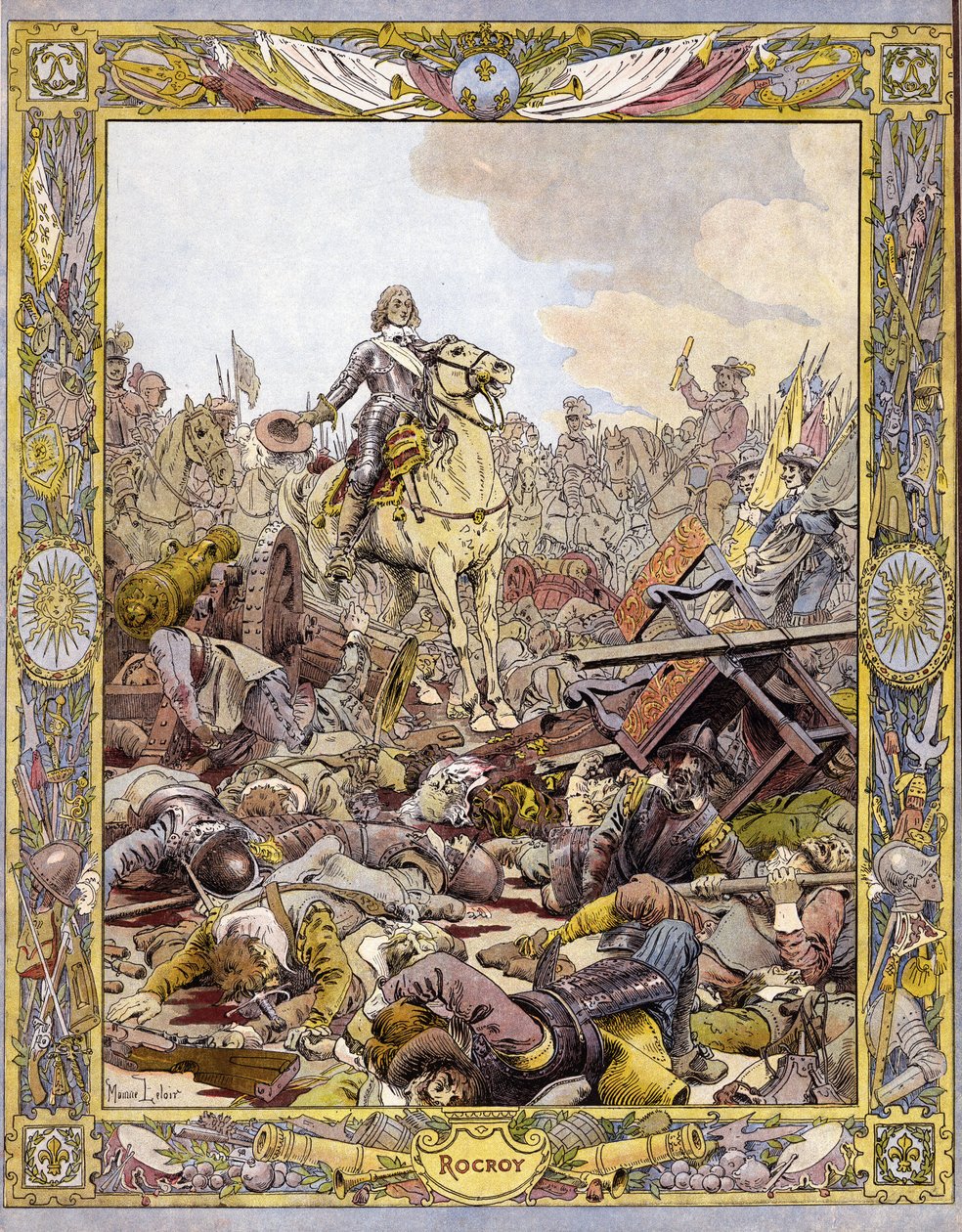 Książę Ludwik II Bourbon Conde (Bourbon-Conde), znany jako Wielki Conde (1621-1686), książę Enghien witający zwłoki hrabiego Fontaine w bitwie pod Rocroi (Rocroy) przeciwko Hiszpanom, 19 maja autorstwa Maurice Leloir