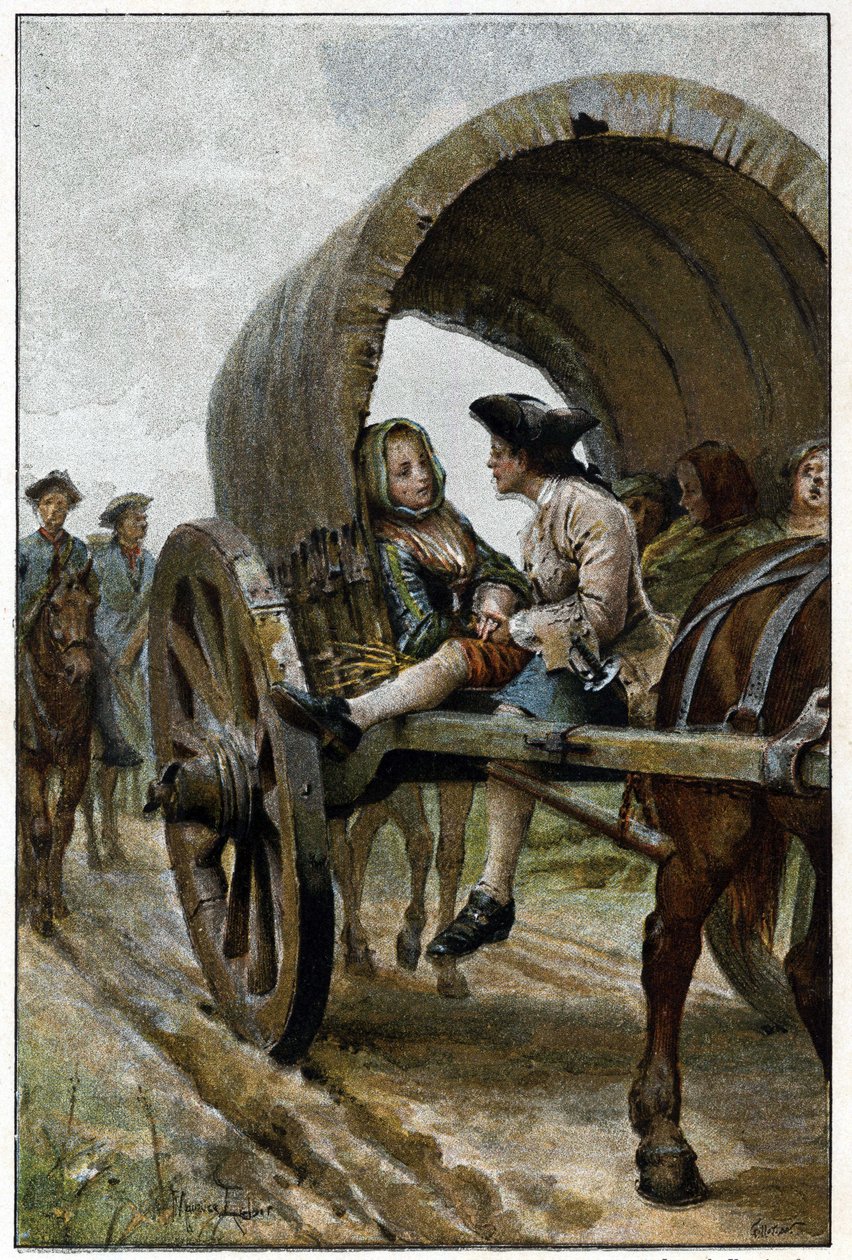 W drodze do Le Havre - w „Historii Manon Lescaut i kawalera Des Grieux” Abbe Prevosta (1697-1763), francuskiego pisarza. Grawerowanie według rysunków Maurice