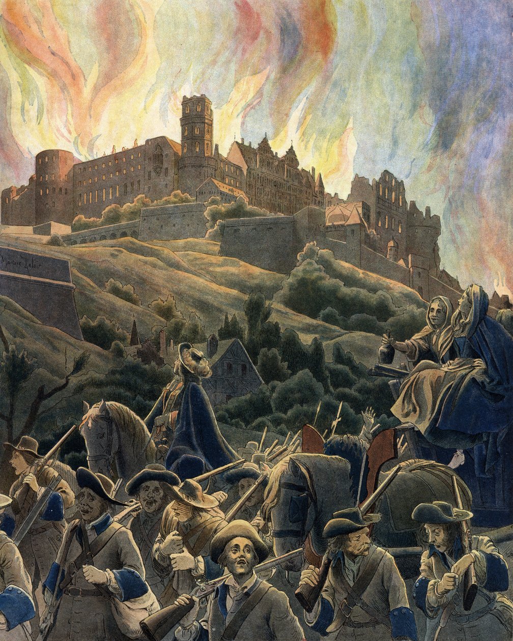 Pożar zamku w Heidelbergu zbombardowany przez siły francuskie generała Ezechiela du Mas, hrabiego Melac (1630-1704) podczas wojny Ligi Augsburskiej w 1689 i 1693 roku. Chromotypografia w „Le Roy Soleil”” (Louis XIV) Gustave Toutwelve, Illu autorstwa Maurice Leloir
